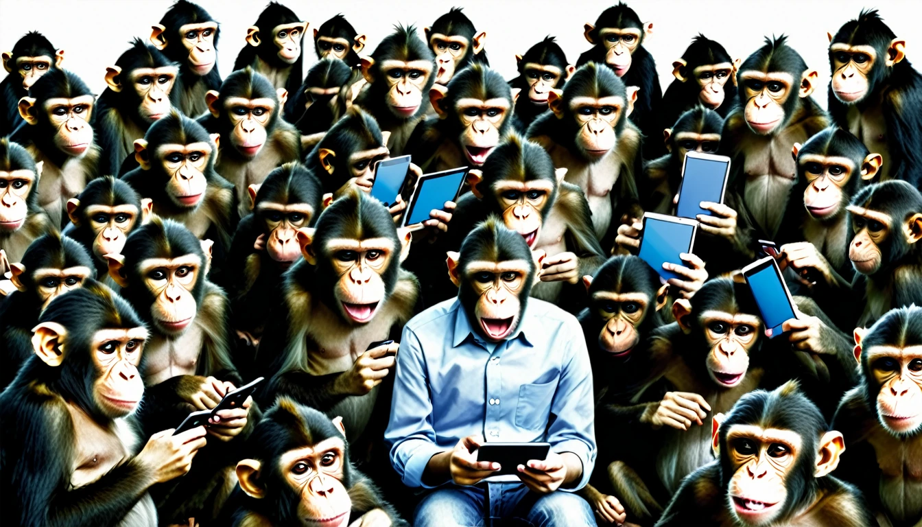 Create an illustration depicting a swarm of monkeys using social media to cyberbully. The horde of monkeys are individually wearing normal clothing. Draw a group of monkeys with smartphones, tablets, and smart phones typing furiously and posting negative comments. Some monkeys should look angry or malicious, while others should be laughing or having fun. The background should be a chaotic mix of digital screens displaying harmful messages and symbols of social media platforms. The overall atmosphere should convey the destructive and overwhelming nature of online harassment.
