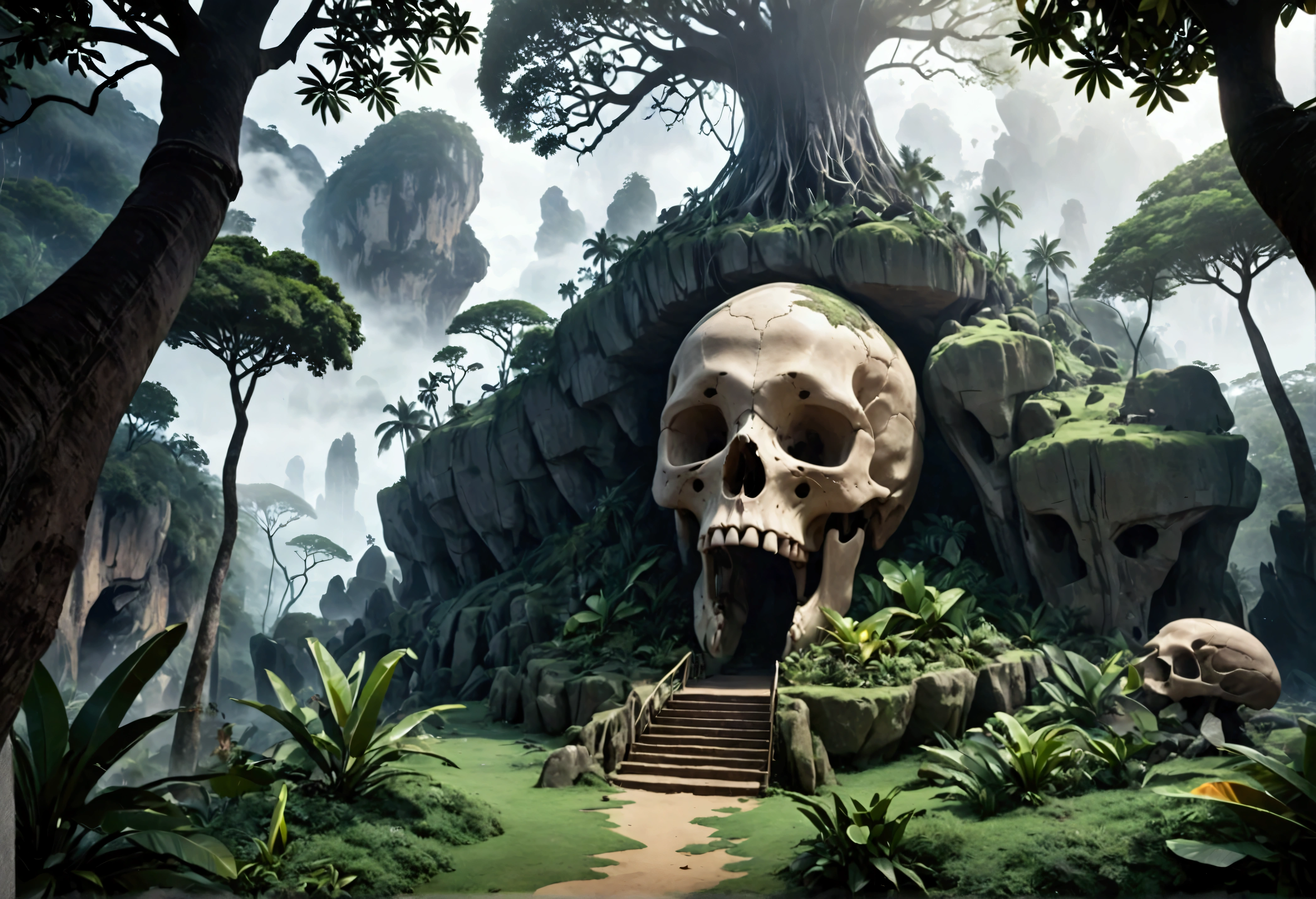 a tropical island, a gigantic human skull shaped cave, strange trees and animals, fog, (best quality,4k,8k,highres,masterpiece:1.2),ultra-detailed,(realistic,photorealistic,photo-realistic:1.37),detailed rock formations,lush vegetation,mysterious atmosphere,dramatic lighting,dramatic landscape,cinematic composition,moody colors,dark fantasy,surreal,epic scale