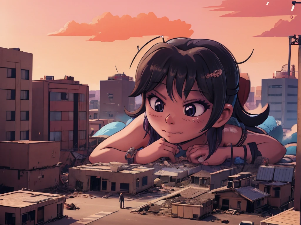 Tokyoのビル街、giantess eating tiny people,vore illustrate,smile、迫力のあるLow - Angle、小さなUrban areaにうつ伏せになる、Adult women、anime、エロanime、変態anime、nude、Sunset、blush、Black Hair、steam、Urban area、Tokyo、Woman looking down on a dwarf、Low - Angle、View from the main street、Woman destroying a small metropolis、rubble、Collapsed small buildings、A small abandoned village、Small residents fleeing、A woman who enjoys destruction