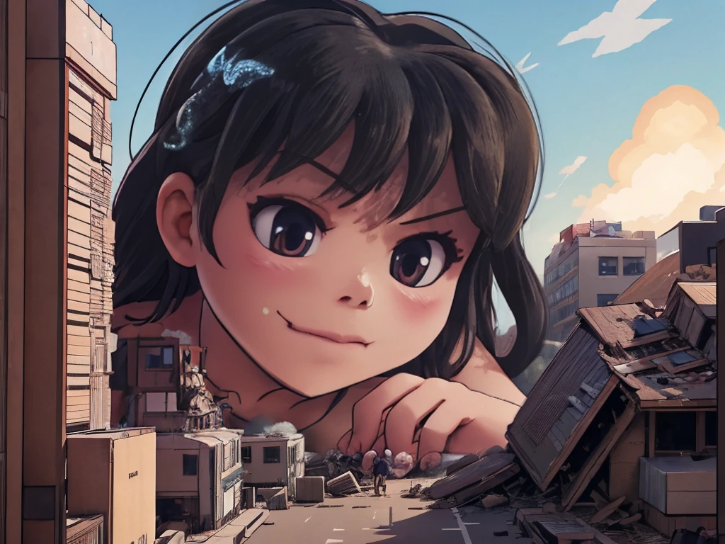 Tokyoのビル街、giantess eating tiny people,vore illustrate,smile、迫力のあるLow - Angle、小さなUrban areaにうつ伏せになる、Adult women、anime、エロanime、変態anime、nude、Sunset、blush、Black Hair、steam、Urban area、Tokyo、Woman looking down on a dwarf、Low - Angle、View from the main street、Woman destroying a small metropolis、rubble、Collapsed small buildings、A small abandoned village、Small residents fleeing、A woman who enjoys destruction