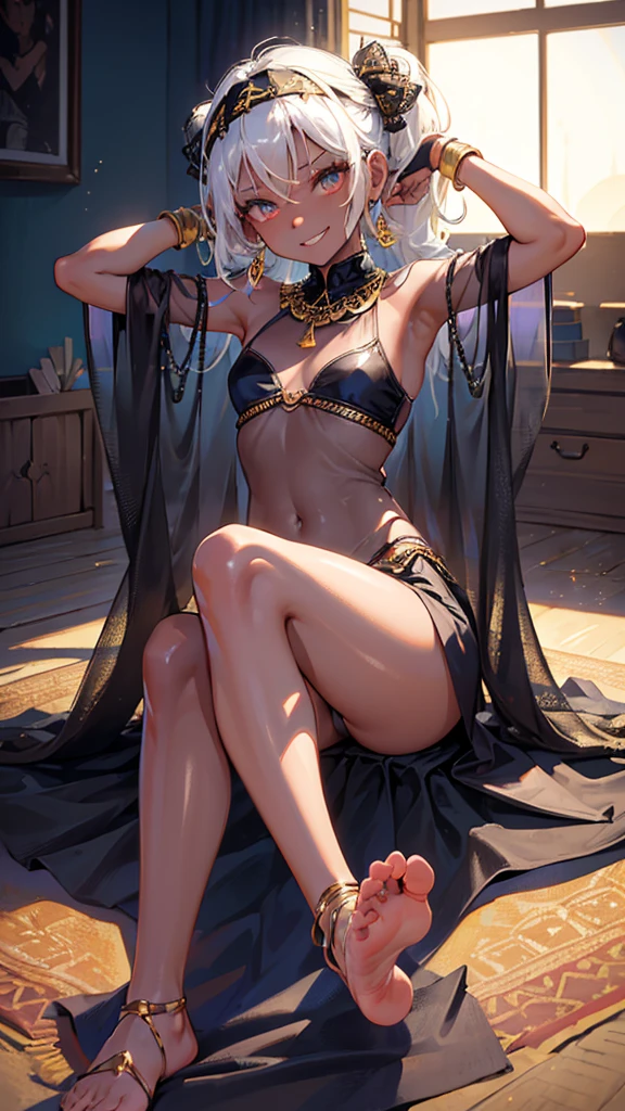 1girl, Angle from below:1.8, The girl bends forward to show off her breasts、legs apart, (Blade), (Tanned shiny black skin:1.6)、Glowing Eyes, ((Sexy evil grin)), ( girl), blondes、Twin tails、forehead、Small breasts, hat, ((((arabian clothes, see-through)), (headband), (Areola Slip), small breasts, (jewelry)))、desert, ((sahara))、foot, ((foot))、(Put your hands behind your head)、arm pits, (Ass), (sitting)、front, have a dagger、((footjob)), 足の裏、