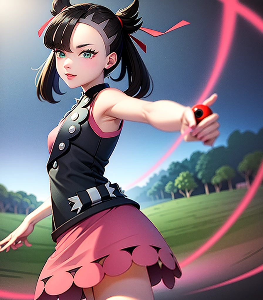 masterpiece, Highest quality, High resolution, Marnie, Aqua Eye, Black choker, Red ribbon, Pink Dress, jewelry, Black jacket, Open clothes, Long sleeve, Cowboy Shot, Are standing, forest, holding Pokéball, Pokéball \(Basic\), smile, Open your mouth,Background is wood々が生い茂るforestです.:1.2,Draw a person in the center of the screen,Depict the top of your head,{{{Perfect hand shape:1.2}}},marnie