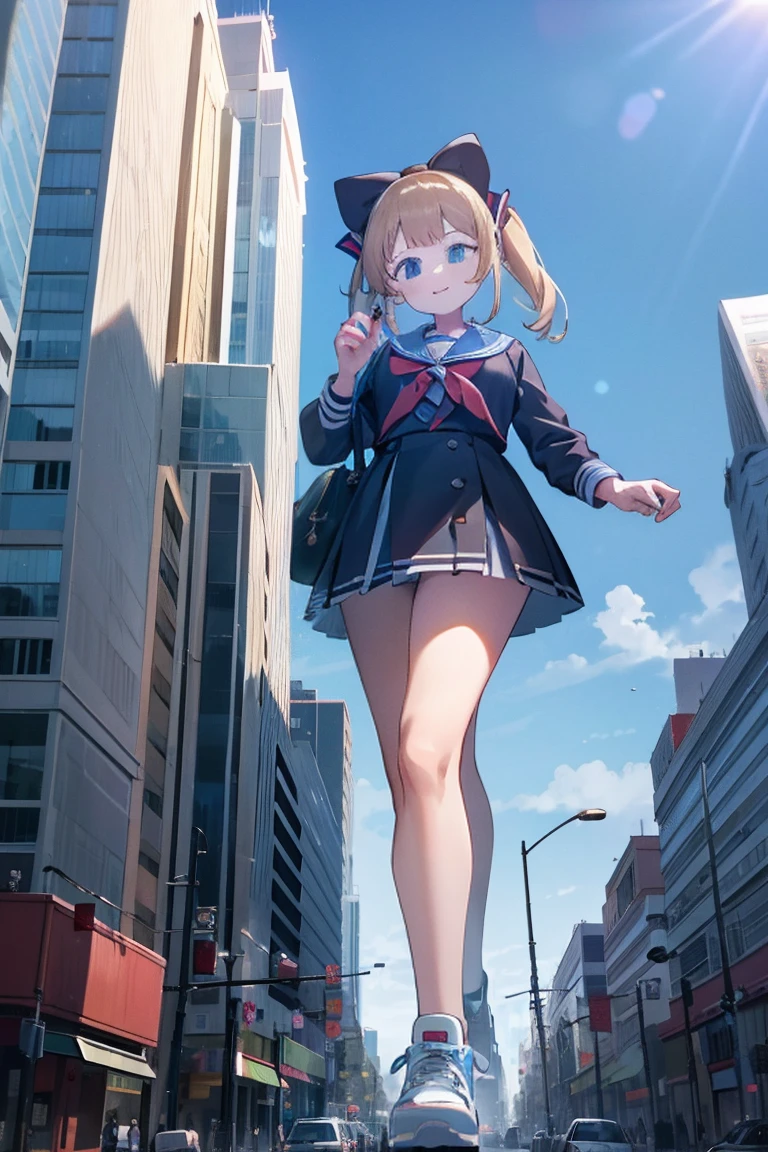 Huge maiden in sneakers,Girl taller than the building,Sailor Suit,Short skirt,Crouch Girl,Miniature train toy in hand