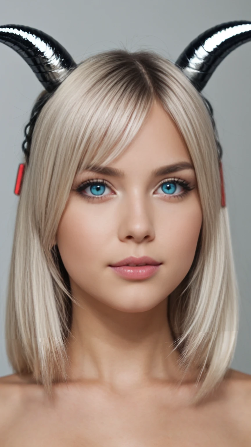 NSFW, Tits out, 1 girl, adult woman,  Alone, g0ld3mb, air, (platinum blonde Hair) Hair, hime cut, (kawaii Hair clips:1.2)    high quality, Best Quality, High resolution, high detail, (airen aura magic), Hair uplifted, horns,Beautiful young white-haired woman with piercing red and blue eyes, half smile with full lips, black nails, barbed wires everywhere(coiled black barbed wires),read eyes,Blue eyes, (different eyes), (heterochromia)