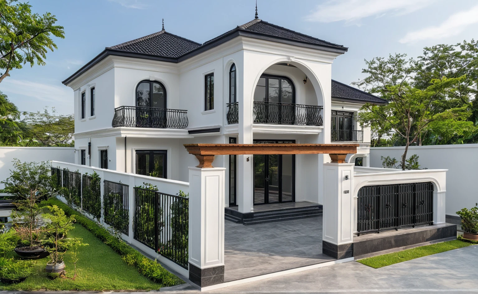 (masterpiece:1.2), best quality, photo of A two-story modern house in VietNam with white walls and dark tiles on the roof., tree and plant environment,black detail and (wooden ceiling:1.2), daylight, streetcapes, natural light, vivid color, The exterior of an elegant single family home features large windows, a dark gray door frame.