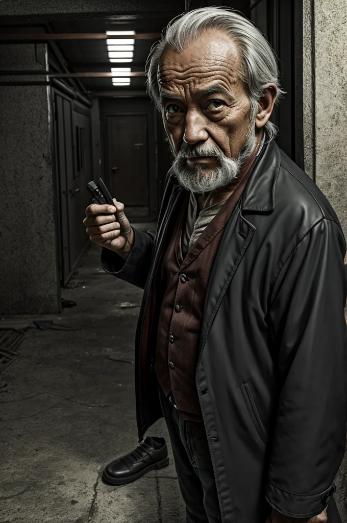 an anime style workshop, ugly old man , dark and empty