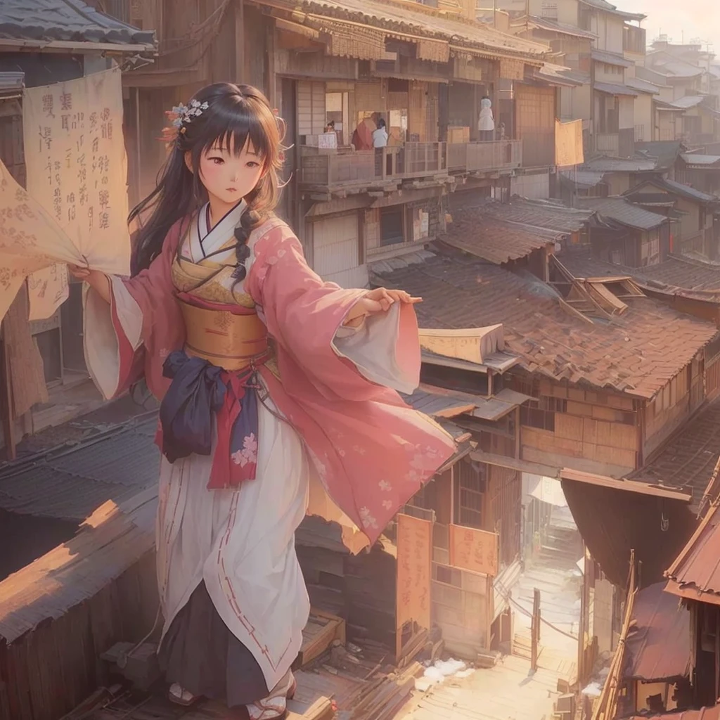 Anime girl in a red and blue dress standing on a roof, The ancient street behind her, Beautiful anime artwork, Anime Style 4k, Traditional Japanese concept art, Gwaiz, Beautiful anime art, Artistic rendering of Reimu Hakurei, artwork in the style of Gwaiz, by Shimo, Anime Background Art, Beautiful artwork illustration Blazing flames, fire, crowd, throng, freezing, mother warming her baby.Scenery and Cityscape in the Early Meiji Era After the Meiji Restoration, Japan underwent rapid modernization and civilization. Consequently, many changes and reforms occurred. Below is a detailed explanation of the scenery, appearance of the poor, occupations, and cityscapes in the early Meiji period (1868 to the early 1880s). 2. Appearance of the Poor Life for the impoverished and lower classes remained harsh. In particular, in urban areas, people migrated from rural areas or unemployed artisans gathered, intensifying competition in the labor market. Many of them struggled with poverty, often residing in slums or around temples. 3. Occupations Meiji early Japan witnessed a diversification of occupations. Traditional agriculture and handicrafts were accompanied by the rise of modern industry and commerce. Particularly in urban areas, factory workers, shop clerks, and transporters increased, giving rise to new professions. However, many in these occupations endured harsh working conditions. 4. Influence of Civilization and Enlightenment During the Meiji era, Western cultural influences spread rapidly. Changes in clothing, dietary habits, and the proliferation of Western-style architecture advanced, especially in urban areas. Conversely, this development posed a threat to traditional culture and lifestyles, resulting in societal upheaval and adaptation challenges. 5. Social Change and Policy Influence While promoting modernization policies, the government also addressed poverty and social issues. Legislation for labor protection and charitable activities to aid the poor were implemented. Nevertheless, living conditions for the impoverished scarcely improved. The early Meiji period marked a rapid transformation in Jap