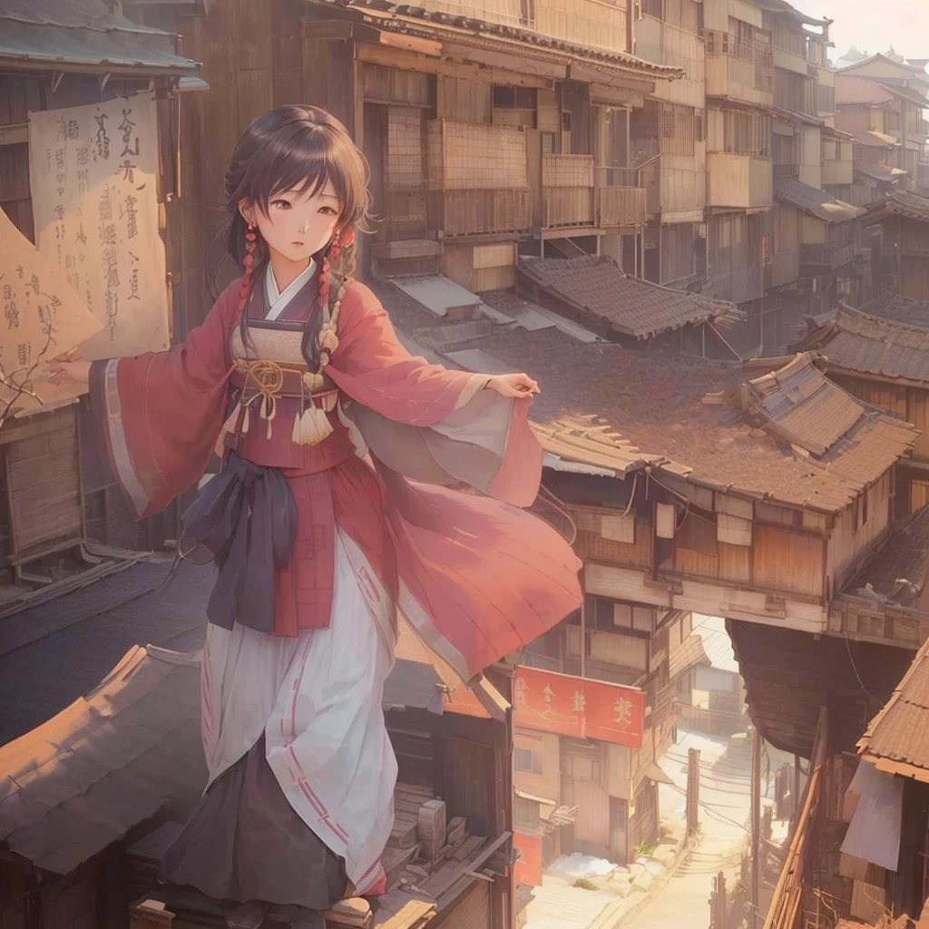 Anime girl in a red and blue dress standing on a roof, The ancient street behind her, Beautiful anime artwork, Anime Style 4k, Traditional Japanese concept art, Gwaiz, Beautiful anime art, Artistic rendering of Reimu Hakurei, artwork in the style of Gwaiz, by Shimo, Anime Background Art, Beautiful artwork illustration Blazing flames, fire, crowd, throng, freezing, mother warming her baby.Scenery and Cityscape in the Early Meiji Era After the Meiji Restoration, Japan underwent rapid modernization and civilization. Consequently, many changes and reforms occurred. Below is a detailed explanation of the scenery, appearance of the poor, occupations, and cityscapes in the early Meiji period (1868 to the early 1880s). 2. Appearance of the Poor Life for the impoverished and lower classes remained harsh. In particular, in urban areas, people migrated from rural areas or unemployed artisans gathered, intensifying competition in the labor market. Many of them struggled with poverty, often residing in slums or around temples. 3. Occupations Meiji early Japan witnessed a diversification of occupations. Traditional agriculture and handicrafts were accompanied by the rise of modern industry and commerce. Particularly in urban areas, factory workers, shop clerks, and transporters increased, giving rise to new professions. However, many in these occupations endured harsh working conditions. 4. Influence of Civilization and Enlightenment During the Meiji era, Western cultural influences spread rapidly. Changes in clothing, dietary habits, and the proliferation of Western-style architecture advanced, especially in urban areas. Conversely, this development posed a threat to traditional culture and lifestyles, resulting in societal upheaval and adaptation challenges. 5. Social Change and Policy Influence While promoting modernization policies, the government also addressed poverty and social issues. Legislation for labor protection and charitable activities to aid the poor were implemented. Nevertheless, living conditions for the impoverished scarcely improved. The early Meiji period marked a rapid transformation in Jap