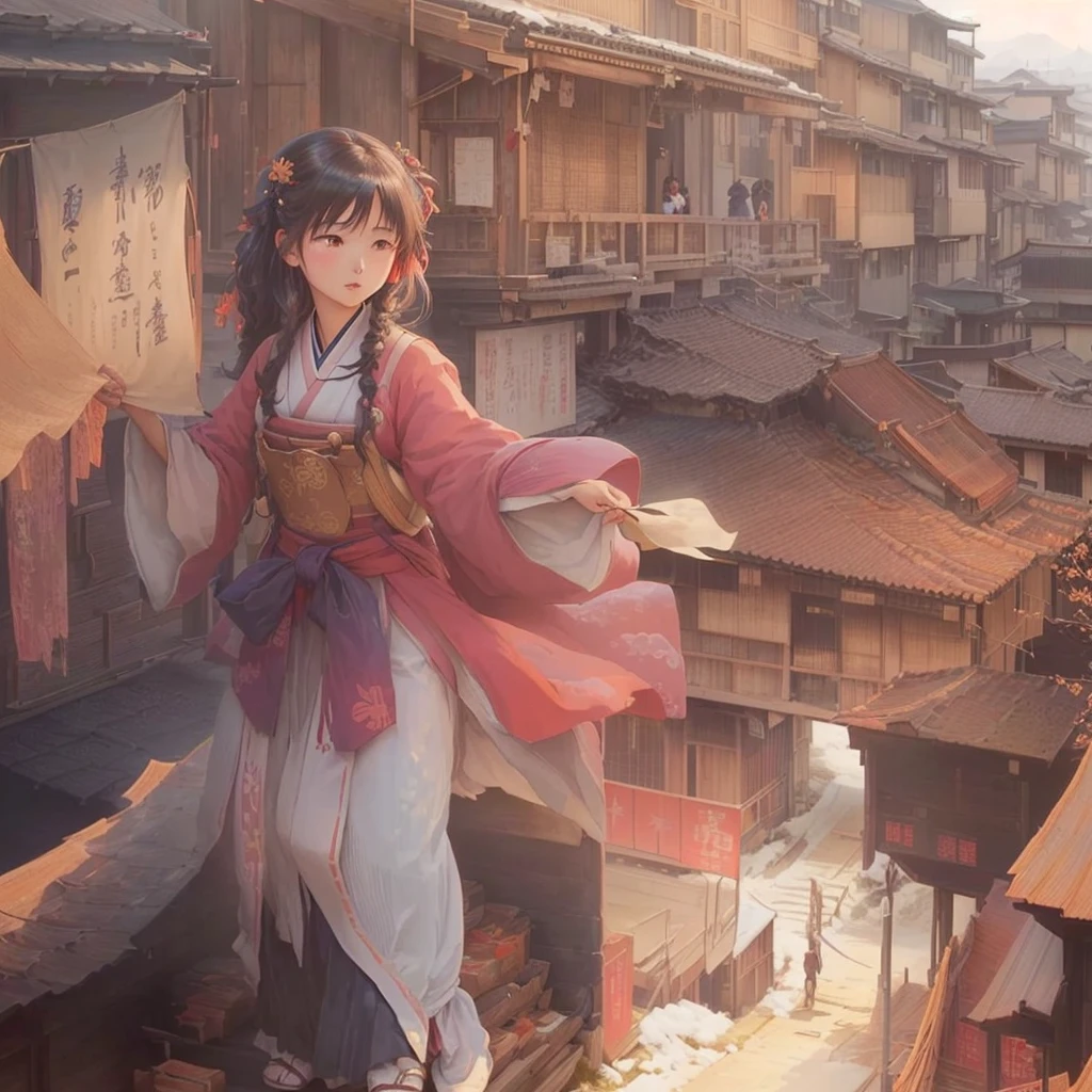 Anime girl in a red and blue dress standing on a roof, The ancient street behind her, Beautiful anime artwork, Anime Style 4k, Traditional Japanese concept art, Gwaiz, Beautiful anime art, Artistic rendering of Reimu Hakurei, artwork in the style of Gwaiz, by Shimo, Anime Background Art, Beautiful artwork illustration Blazing flames, fire, crowd, throng, freezing, mother warming her baby.Scenery and Cityscape in the Early Meiji Era After the Meiji Restoration, Japan underwent rapid modernization and civilization. Consequently, many changes and reforms occurred. Below is a detailed explanation of the scenery, appearance of the poor, occupations, and cityscapes in the early Meiji period (1868 to the early 1880s). 2. Appearance of the Poor Life for the impoverished and lower classes remained harsh. In particular, in urban areas, people migrated from rural areas or unemployed artisans gathered, intensifying competition in the labor market. Many of them struggled with poverty, often residing in slums or around temples. 3. Occupations Meiji early Japan witnessed a diversification of occupations. Traditional agriculture and handicrafts were accompanied by the rise of modern industry and commerce. Particularly in urban areas, factory workers, shop clerks, and transporters increased, giving rise to new professions. However, many in these occupations endured harsh working conditions. 4. Influence of Civilization and Enlightenment During the Meiji era, Western cultural influences spread rapidly. Changes in clothing, dietary habits, and the proliferation of Western-style architecture advanced, especially in urban areas. Conversely, this development posed a threat to traditional culture and lifestyles, resulting in societal upheaval and adaptation challenges. 5. Social Change and Policy Influence While promoting modernization policies, the government also addressed poverty and social issues. Legislation for labor protection and charitable activities to aid the poor were implemented. Nevertheless, living conditions for the impoverished scarcely improved. The early Meiji period marked a rapid transformation in Jap