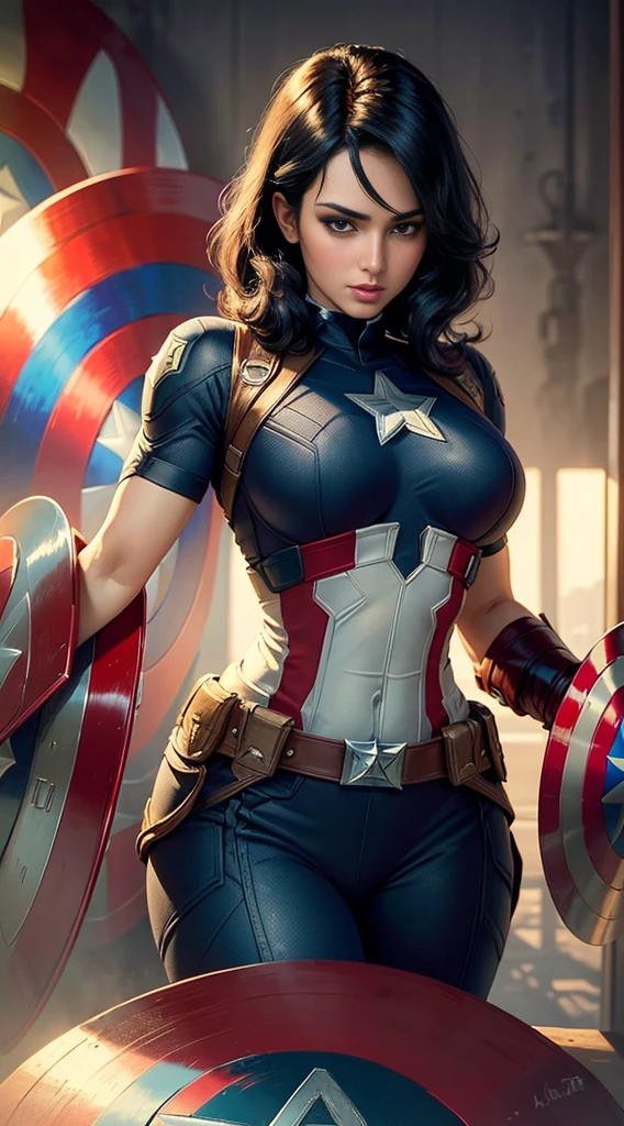 ((Best quality)) , ((Masterpiece)) , (Detailed) ,( Captain America Lady) , perfect body shape, big , black hair, beautiful face, focous on face details, wearing captain America uniform, logo of Captain America in the background