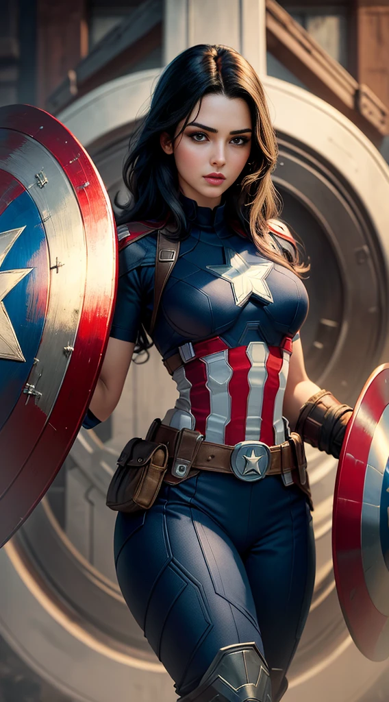 ((Best quality)) , ((Masterpiece)) , (Detailed) ,( Captain America Lady) , perfect body shape, big , black hair, beautiful face, focous on face details, wearing captain America uniform, logo of Captain America in the background