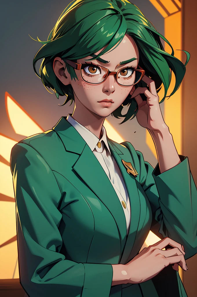 a Korean-Japanese woman, shoulder-length green hair, glasses, freckles, slanted orange eyes, business attire, highly detailed face and eyes, realistic, photorealistic, ultra-detailed, masterpiece, 8k, sharp focus, physically-based rendering, studio lighting, vivid colors, elegant, serious expression, professional, intricate details