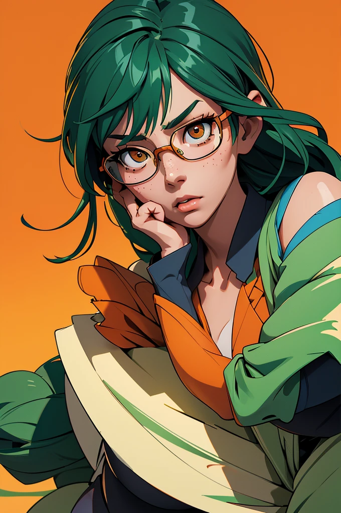 a Korean-Japanese woman, shoulder-length green hair, glasses, freckles, slanted orange eyes, business attire, highly detailed face and eyes, realistic, photorealistic, ultra-detailed, masterpiece, 8k, sharp focus, physically-based rendering, studio lighting, vivid colors, elegant, serious expression, professional, intricate details