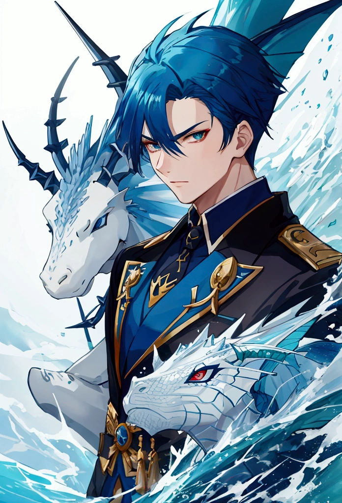 sea ​​dragon,sharp eye shape,blue hair ,sharp,man
