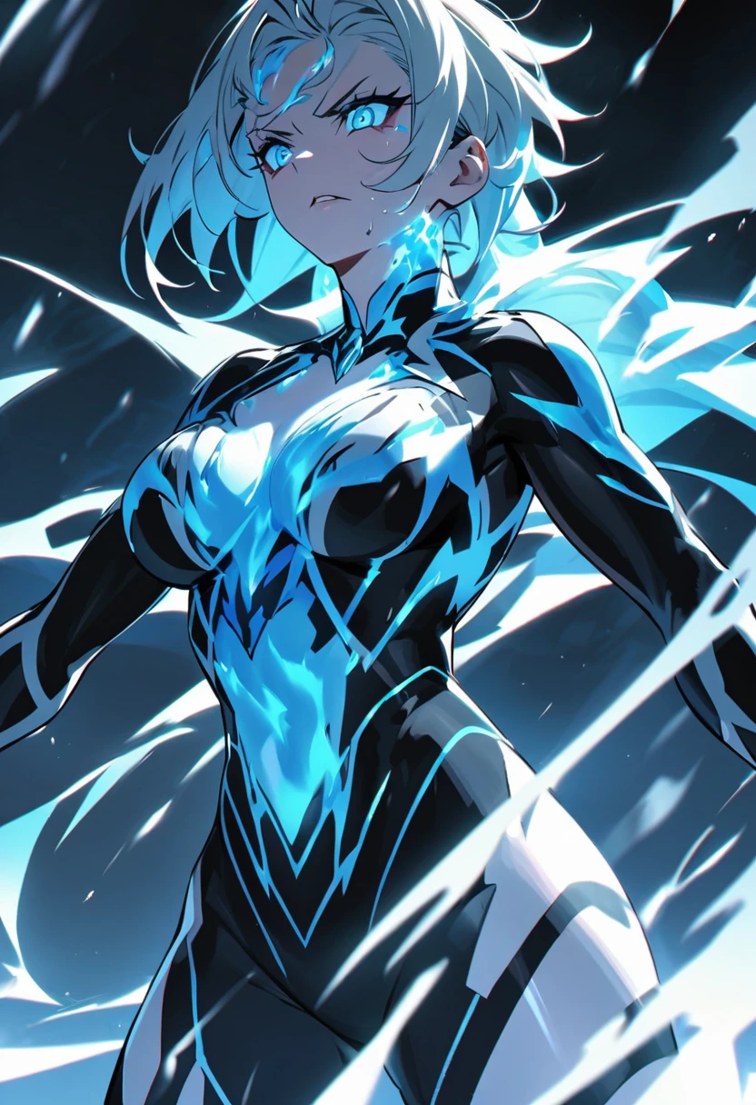one female character, with fire and ice power around her body, provoking superhuman strength