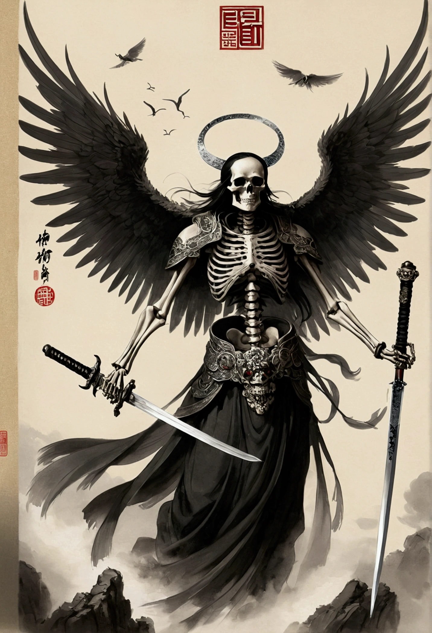 (masterpiece, best quality: 1.2), traditional Chinese ink painting , god of death , skeleton , angel wings , sword in right hand , regal , flying east