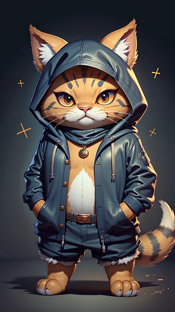 A bipedal cat-like creature with pheasant-like markings, Navy blue cloak and hood、Gold border, Protruding legs, Float like magic, Tabletop, Highest quality