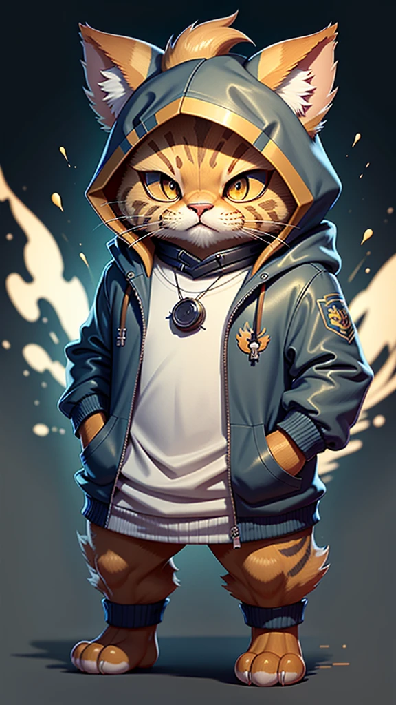 A bipedal cat-like creature with pheasant-like markings, Navy blue cloak and hood、Gold border, Protruding legs, Float like magic, Tabletop, Highest quality
