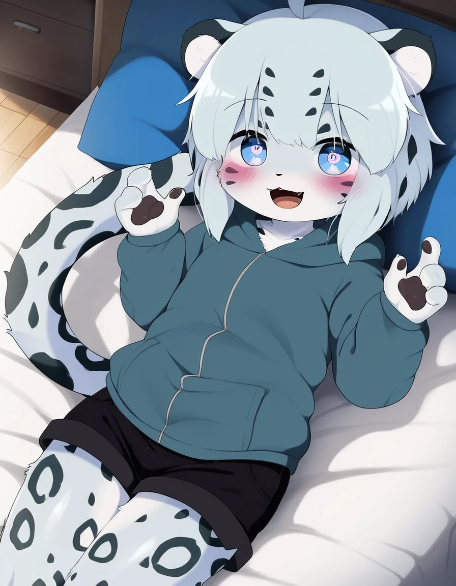 solo, 1girl, female, dagasi_style, cheetah white skin,, furry, kemono, anthro, cute face, young, white hair, blue eyes, fluffy body, body fur, short hair, ahoge, bangs, animal ears, tail, leopard ears, leopard tail, detailed eyes, brilliant eyes, 4 fingers, pawpads, perfect anatomy, detailed skin, detailed eyes, detailed lips, perfect hands, perfect face, happy, :D, BREAK black shorts, short shorts, hoodie, hood, BREAK seated on bed, bed, bedroom, blue room, looking at viewer, indoors, colorful, dutch angle, BREAK ((ultra-detailed)), ((best quality)), ((best quality)), ((beautiful eyes)), ((extremely detailed)), 4K, (8K), best quality, (beautiful), Master piece, highres, score_9, score_8_up, score_7_up, score_6_up, colorful, best quality, official art, highres, masterpiece, nai3, god light, detailed background, high quality background,AddXL