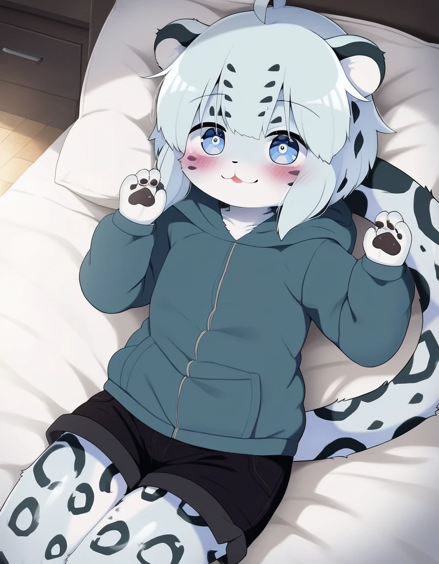 solo, 1girl, female, dagasi_style, cheetah white skin,, furry, kemono, anthro, cute face, young, white hair, blue eyes, fluffy body, body fur, short hair, ahoge, bangs, animal ears, tail, leopard ears, leopard tail, detailed eyes, brilliant eyes, 4 fingers, pawpads, perfect anatomy, detailed skin, detailed eyes, detailed lips, perfect hands, perfect face, happy, :D, BREAK black shorts, short shorts, hoodie, hood, BREAK seated on bed, bed, bedroom, blue room, looking at viewer, indoors, colorful, dutch angle, BREAK ((ultra-detailed)), ((best quality)), ((best quality)), ((beautiful eyes)), ((extremely detailed)), 4K, (8K), best quality, (beautiful), Master piece, highres, score_9, score_8_up, score_7_up, score_6_up, colorful, best quality, official art, highres, masterpiece, nai3, god light, detailed background, high quality background,AddXL