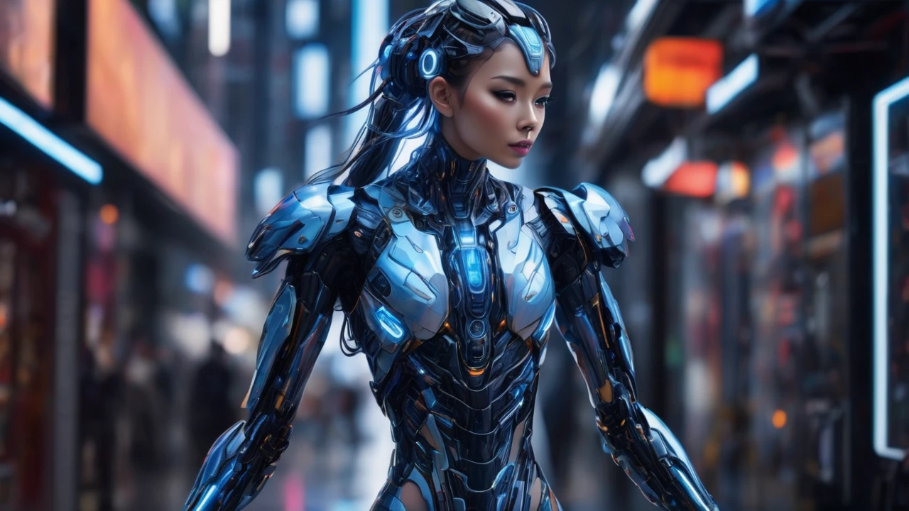 ```
Single advanced, near-future female cyborg in full-body portrait.
16:9 aspect ratio, landscape orientation.
Entire figure fully visible from head to toe, no cropping.
Centered in frame with ample space around the figure.
Full-length stance, facing towards the camera and light source.
Illuminated from the front, creating a dramatic silhouette.
Blend of human beauty and cutting-edge technology.
Face with subtle cybernetic enhancements:
- Luminescent eyes with holographic irises
- Fine, almost invisible seams along cheekbones and jaw
Human-like hair with iridescent, color-shifting strands.
Smooth skin with a faint, pearlescent glow.
Form-fitting, translucent body suit revealing:
- Sleek muscle-like cybernetic structures beneath
- Soft blue energy lines tracing major body contours
Graceful limbs with seamlessly integrated tech components.
Hands and feet with delicate, highly articulated digits.
Subtle holographic aura shimmering around the body.
Pose balancing human grace with technological precision.
Expressive face conveying warmth and intelligence.
Wide, panoramic background suggesting a high-tech, minimalist environment.
Lighting accentuating both organic curves and synthetic elements.
Overall aesthetic: alluring, futuristic, and subtly sensual.
```