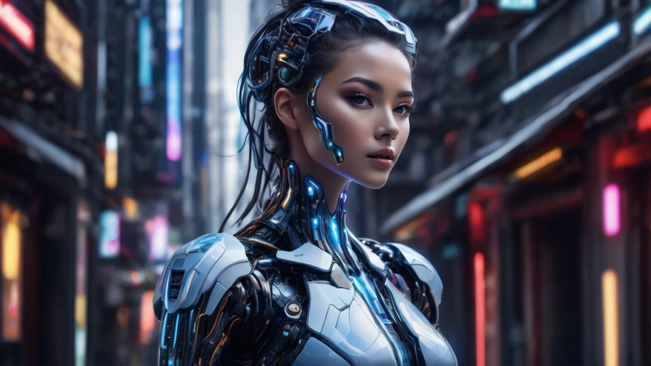```
Single advanced, near-future female cyborg in full-body portrait.
16:9 aspect ratio, landscape orientation.
Entire figure fully visible from head to toe, no cropping.
Centered in frame with ample space around the figure.
Full-length stance, facing towards the camera and light source.
Illuminated from the front, creating a dramatic silhouette.
Blend of human beauty and cutting-edge technology.
Face with subtle cybernetic enhancements:
- Luminescent eyes with holographic irises
- Fine, almost invisible seams along cheekbones and jaw
Human-like hair with iridescent, color-shifting strands.
Smooth skin with a faint, pearlescent glow.
Form-fitting, translucent body suit revealing:
- Sleek muscle-like cybernetic structures beneath
- Soft blue energy lines tracing major body contours
Graceful limbs with seamlessly integrated tech components.
Hands and feet with delicate, highly articulated digits.
Subtle holographic aura shimmering around the body.
Pose balancing human grace with technological precision.
Expressive face conveying warmth and intelligence.
Wide, panoramic background suggesting a high-tech, minimalist environment.
Lighting accentuating both organic curves and synthetic elements.
Overall aesthetic: alluring, futuristic, and subtly sensual.
```