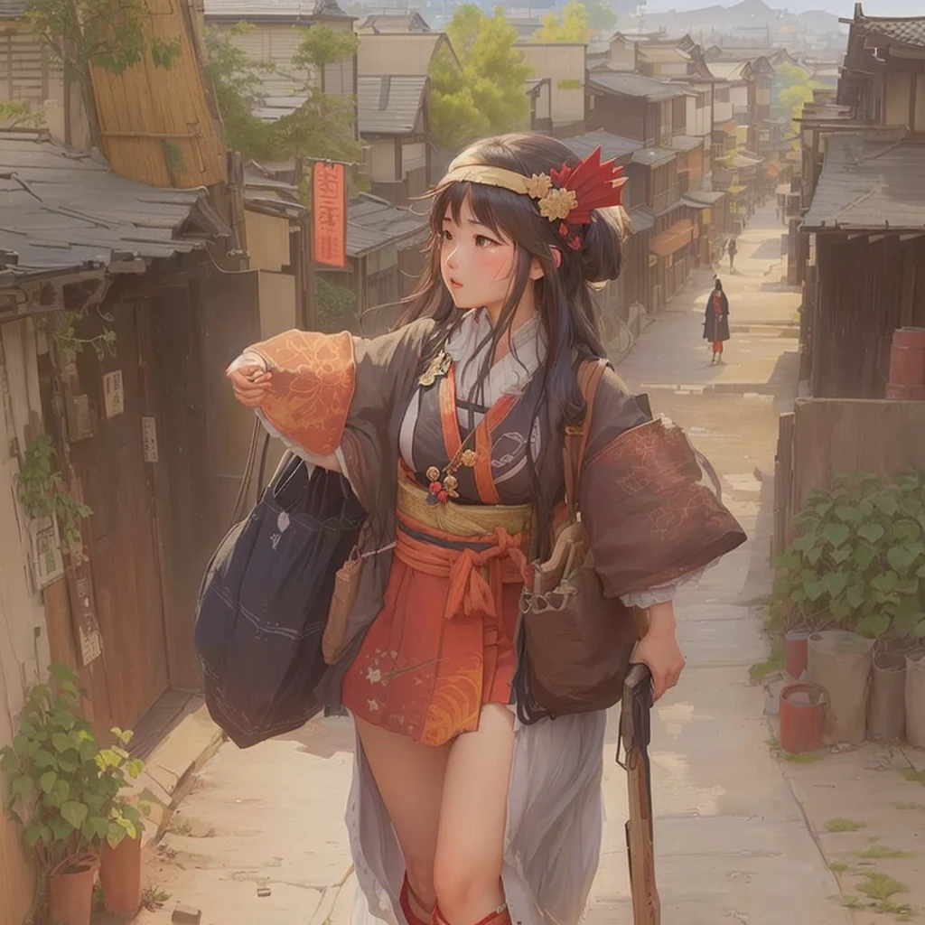 Anime girl in pirate costume walking down a narrow alley, Gwaiz, artwork in the style of Gwaiz, The ancient street behind her, Gwaiz on pixiv artstation, Gwaiz on artstation pixiv, Created by Anime Painter Studio, Beautiful artwork illustration, Kantai Collection Style, Artistic rendering of Reimu Hakurei Blazing flames, fire, crowd, throng, freezing, mother warming her baby.Scenery and Cityscape in the Early Meiji Era After the Meiji Restoration, Japan underwent rapid modernization and civilization. Consequently, many changes and reforms occurred. Below is a detailed explanation of the scenery, appearance of the poor, occupations, and cityscapes in the early Meiji period (1868 to the early 1880s). 2. Appearance of the Poor Life for the impoverished and lower classes remained harsh. In particular, in urban areas, people migrated from rural areas or unemployed artisans gathered, intensifying competition in the labor market. Many of them struggled with poverty, often residing in slums or around temples. 3. Occupations Meiji early Japan witnessed a diversification of occupations. Traditional agriculture and handicrafts were accompanied by the rise of modern industry and commerce. Particularly in urban areas, factory workers, shop clerks, and transporters increased, giving rise to new professions. However, many in these occupations endured harsh working conditions. 4. Influence of Civilization and Enlightenment During the Meiji era, Western cultural influences spread rapidly. Changes in clothing, dietary habits, and the proliferation of Western-style architecture advanced, especially in urban areas. Conversely, this development posed a threat to traditional culture and lifestyles, resulting in societal upheaval and adaptation challenges. 5. Social Change and Policy Influence While promoting modernization policies, the government also addressed poverty and social issues. Legislation for labor protection and charitable activities to aid the poor were implemented. Nevertheless, living conditions for the impoverished scarcely improved. The early Meiji period marked a rapid transformation