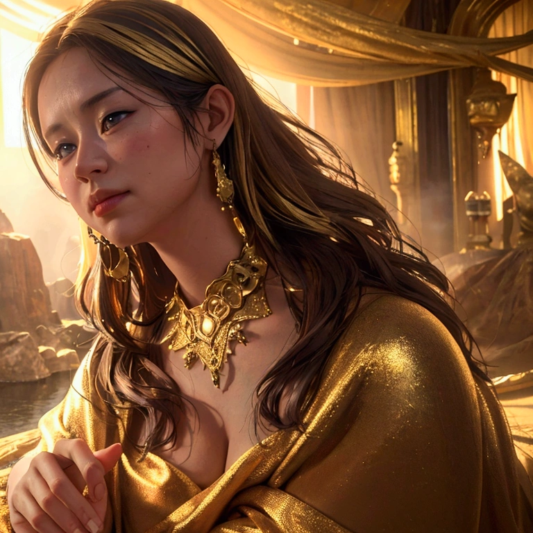 Mysterious golden island that exudes a beautiful warmth, wide shot, cinematic angle, realistic, hyper-realistic, photorealistic, (best quality,4k,8k,highres,masterpiece:1.2),ultra-detailed,(realistic,photorealistic,photo-realistic:1.37),vivid colors,dramatic lighting,