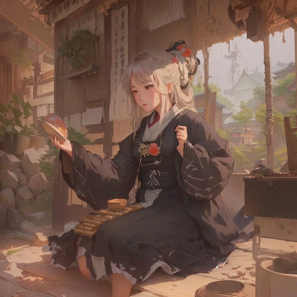 anime - style image of a woman sitting on a bed with a plate of food, mysterious coffee shop girl, guweiz on pixiv artstation, guweiz, artwork in the style of guweiz, guweiz on artstation pixiv, zerochan art, by Yang J, by Shitao, anime style 4 k, zerochanBlazing flames, fire, crowd, throng, freezing, mother warming her baby.Scenery and Cityscape in the Early Meiji Era After the Meiji Restoration, Japan underwent rapid modernization and civilization. Consequently, many changes and reforms occurred. Below is a detailed explanation of the scenery, appearance of the poor, occupations, and cityscapes in the early Meiji period (1868 to the early 1880s). 2. Appearance of the Poor Life for the impoverished and lower classes remained harsh. In particular, in urban areas, people migrated from rural areas or unemployed artisans gathered, intensifying competition in the labor market. Many of them struggled with poverty, often residing in slums or around temples. 3. Occupations Meiji early Japan witnessed a diversification of occupations. Traditional agriculture and handicrafts were accompanied by the rise of modern industry and commerce. Particularly in urban areas, factory workers, shop clerks, and transporters increased, giving rise to new professions. However, many in these occupations endured harsh working conditions. 4. Influence of Civilization and Enlightenment During the Meiji era, Western cultural influences spread rapidly. Changes in clothing, dietary habits, and the proliferation of Western-style architecture advanced, especially in urban areas. Conversely, this development posed a threat to traditional culture and lifestyles, resulting in societal upheaval and adaptation challenges. 5. Social Change and Policy Influence While promoting modernization policies, the government also addressed poverty and social issues. Legislation for labor protection and charitable activities to aid the poor were implemented. Nevertheless, living conditions for the impoverished scarce