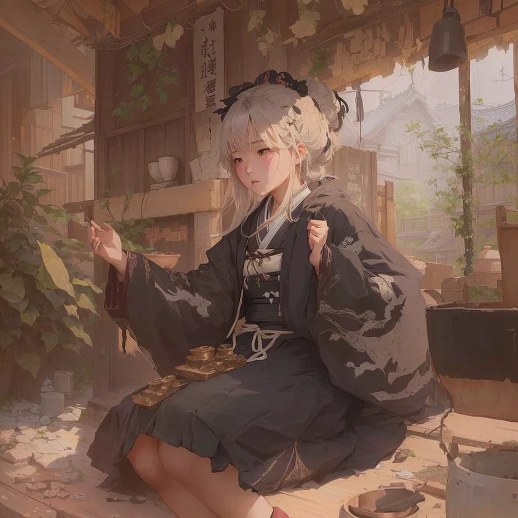 anime - style image of a woman sitting on a bed with a plate of food, mysterious coffee shop girl, guweiz on pixiv artstation, guweiz, artwork in the style of guweiz, guweiz on artstation pixiv, zerochan art, by Yang J, by Shitao, anime style 4 k, zerochanBlazing flames, fire, crowd, throng, freezing, mother warming her baby.Scenery and Cityscape in the Early Meiji Era After the Meiji Restoration, Japan underwent rapid modernization and civilization. Consequently, many changes and reforms occurred. Below is a detailed explanation of the scenery, appearance of the poor, occupations, and cityscapes in the early Meiji period (1868 to the early 1880s). 2. Appearance of the Poor Life for the impoverished and lower classes remained harsh. In particular, in urban areas, people migrated from rural areas or unemployed artisans gathered, intensifying competition in the labor market. Many of them struggled with poverty, often residing in slums or around temples. 3. Occupations Meiji early Japan witnessed a diversification of occupations. Traditional agriculture and handicrafts were accompanied by the rise of modern industry and commerce. Particularly in urban areas, factory workers, shop clerks, and transporters increased, giving rise to new professions. However, many in these occupations endured harsh working conditions. 4. Influence of Civilization and Enlightenment During the Meiji era, Western cultural influences spread rapidly. Changes in clothing, dietary habits, and the proliferation of Western-style architecture advanced, especially in urban areas. Conversely, this development posed a threat to traditional culture and lifestyles, resulting in societal upheaval and adaptation challenges. 5. Social Change and Policy Influence While promoting modernization policies, the government also addressed poverty and social issues. Legislation for labor protection and charitable activities to aid the poor were implemented. Nevertheless, living conditions for the impoverished scarce