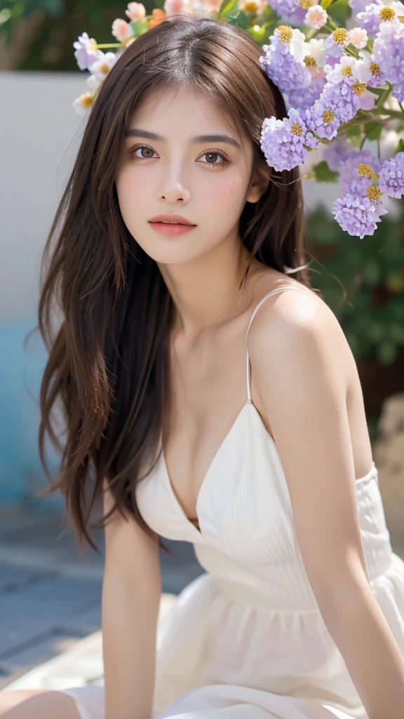 (Realistic), Obra maestra, La mejor calidad, ultra-high resolution, Foto de alto detalle, Unidad 8K Fondo de pantalla, CG extremadamente detallado:1.2), depth of field, bokeh, (Foto RAW:1.realistic photography:1.4), (1girl:1.5), joven, physically based representation, beautiful, (Cara finamente detallada:1.4, Ropa detallada), (Detallado:1.4) named (Eimi Fukada:1.1) BREAK Cara hermosa, Profundidad de campo, Agregar capa, hiperrealista, 14 years old, Modelo de cuerpo perfecto, senos perfectos, 175cm de altura, pose sexy, full body, cuerpo completo, Tipo de cuerpo del modelo, BREAK (extreme skin details:1.3), skin details, (white summer dress:1.3), doble parpado BREAK smile, Seductive pose, sitting, sitting outside, Santorini streets, outdoor, Mediterranean style, Santorini, (close shot:1.1), (Zoom Shot:1.3), (flower on hair:1.5)