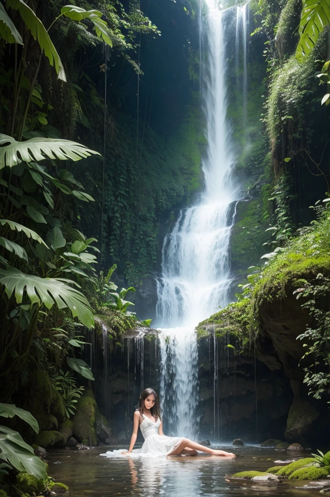 Full-body image，A girl sits under a small waterfall in the jungle，legs spread open，White gauze dress，full body fairy，The elegant gauze skirt is like water，Goddess of water，Clothes are damp and transparent，camel toe she&#39;s naked