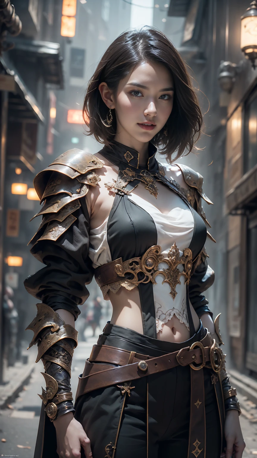 Game art，The best picture quality，Highest resolution，32K，(A bust photograph)，(Portrait)，(Head close-up)，(Rule of thirds)，Unreal Engine 5 rendering works， (The Girl of the Future)，(Female Warrior)， 20-year-old girl， elegant smile, short hair, ((Hunter))，An eye rich in detail，(Big breasts)，Elegant and noble，indifferent，brave， （Medieval-style fur combat clothing, lace top，Glowing magic lines，Animal skin clothing with rich detailedieval Lady Knight，Medieval ranger， photo poses，simple background，Movie lights，Ray tracing，Game CG，((3D Unreal Engine))，OC rendering reflection pattern