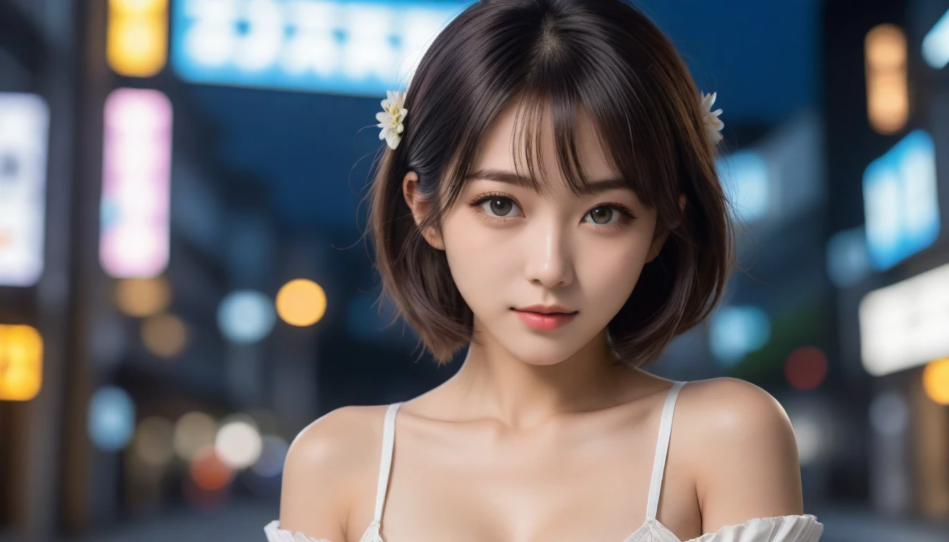 8k, Ultra-high resolution, Highest quality, masterpiece, 三分割法によるphotograph,Surreal, photograph, 1 Girl, (:1.3), pretty girl, Cute Face, Beautiful eyes in every detail, 細かくdetailedに,masterpiece,One Girl:1.2, Japan Female Announcer,extream close up,light smile,Black Hair,Wavy bob,Night view,bustling street,Prostitute,Flashy clothing,Slutty Makeup,Realistic Skin, Perfect and beautiful face ,完璧でCute Face, Skin with attention to detail, Perfect limbs、Narrow waist、Thin legs),Looking at the audience、beauty,Long neck、(((Ideal body type))),A cup small breasts :2,Portraiture:2,Perfect Anatomy,鮮明なdetailed,detailed,Surreal,Light and shadow,glowing
