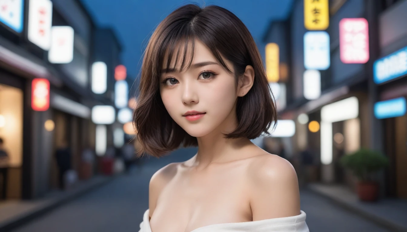 8k, Ultra-high resolution, Highest quality, masterpiece, 三分割法によるphotograph,Surreal, photograph, 1 Girl, (:1.3), pretty girl, Cute Face, Beautiful eyes in every detail, 細かくdetailedに,masterpiece,One Girl:1.2, Japan Female Announcer,extream close up,light smile,Black Hair,Wavy bob,Night view,bustling street,Prostitute,Flashy clothing,Slutty Makeup,Realistic Skin, Perfect and beautiful face ,完璧でCute Face, Skin with attention to detail, Perfect limbs、Narrow waist、Thin legs),Looking at the audience、beauty,Long neck、(((Ideal body type))),A cup small breasts :2,Portraiture:2,Perfect Anatomy,鮮明なdetailed,detailed,Surreal,Light and shadow,glowing