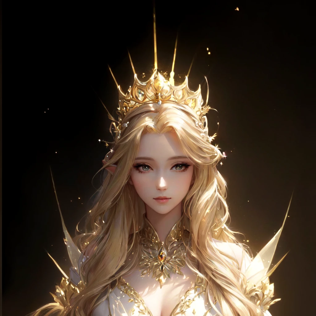 Wearing a crown、Blonde woman in a golden dress, portrait of an Fairy Queen, Beautiful fantasy queen, ((Beautiful fantasy queen)), European looks,Portrait of the Queen of Light, Fairy Queen, beautiful and elegant Fairy Queen, an Fairy Queen, goddess. Extremely high detail, Fan Art Best Artstation, goddess of light, Beautiful and elegant demon queen, Blonde Elf Queen