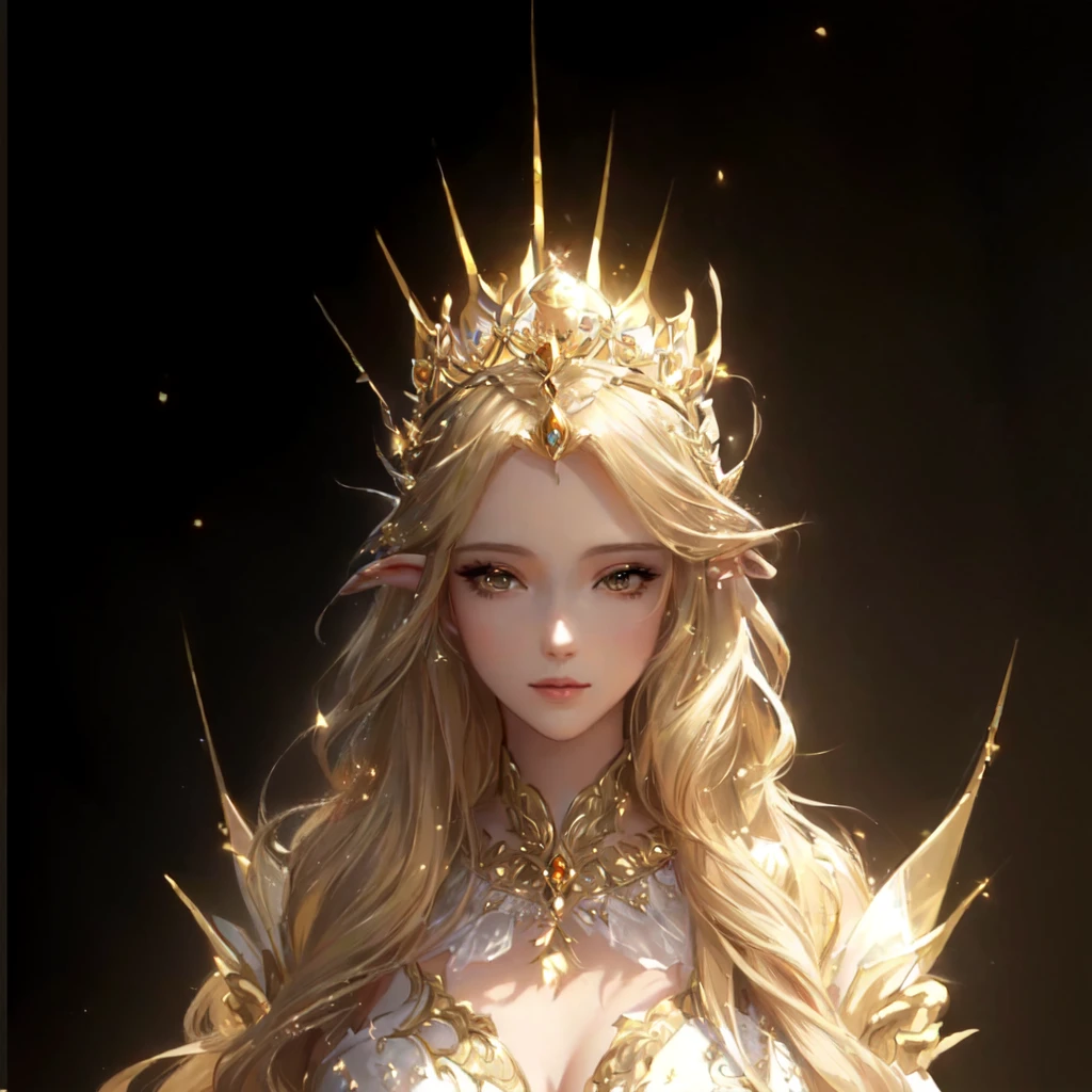 Wearing a crown、Blonde woman in a golden dress, portrait of an Fairy Queen, Beautiful fantasy queen, ((Beautiful fantasy queen)), European looks,Portrait of the Queen of Light, Fairy Queen, beautiful and elegant Fairy Queen, an Fairy Queen, goddess. Extremely high detail, Fan Art Best Artstation, goddess of light, Beautiful and elegant demon queen, Blonde Elf Queen