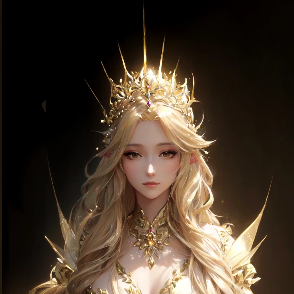 Wearing a crown、Blonde woman in a golden dress, portrait of an Fairy Queen, Beautiful fantasy queen, ((Beautiful fantasy queen)), European looks，Portrait of the Queen of Light, Fairy Queen, beautiful and elegant Fairy Queen, an Fairy Queen, goddess. Extremely high detail, Fan Art Best Artstation, goddess of light, Beautiful and elegant demon queen, Blonde Elf Queen