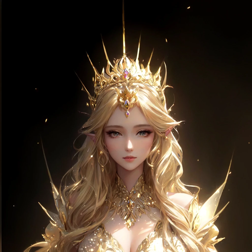 Wearing a crown、Blonde woman in a golden dress, portrait of an Fairy Queen, Beautiful fantasy queen, ((Beautiful fantasy queen)), European looks,Portrait of the Queen of Light, Fairy Queen, beautiful and elegant Fairy Queen, an Fairy Queen, goddess. Extremely high detail, Fan Art Best Artstation, goddess of light, Beautiful and elegant demon queen, Blonde Elf Queen