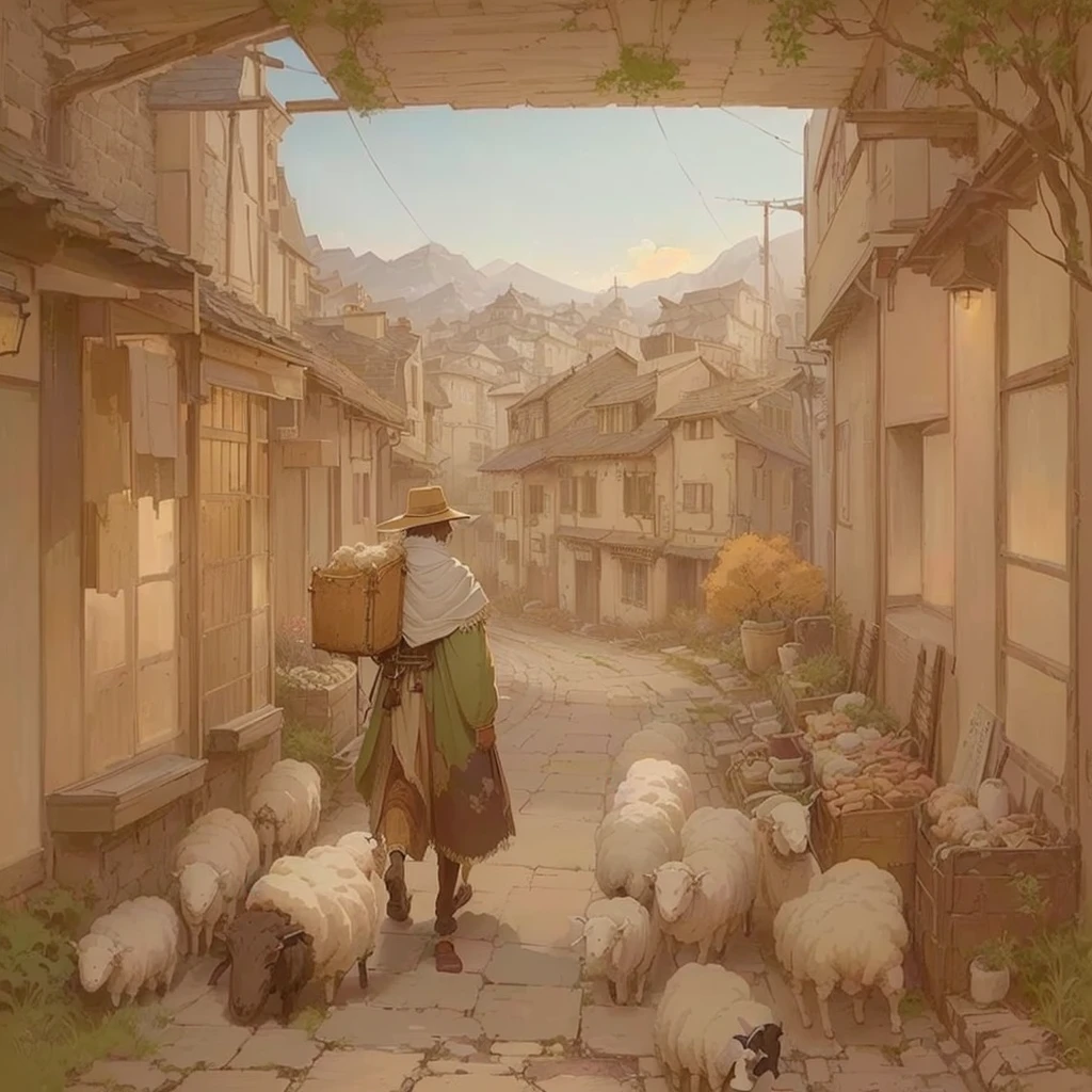 There is a man walking down the road with his sheep, The ancient street behind her, artwork in the style of Gwaiz, Gwaiz, by Kamisaka Sekka, anime Background Art, by Shimo, Inspired by Carl Spitzweg, Created by Anime Painter Studio, Anime scenery concept art, Background Art, Blazing flames drawn in an anime artist's studio, fire, crowd, throng, freezing, mother warming her baby.Scenery and Cityscape in the Early Meiji Era After the Meiji Restoration, Japan underwent rapid modernization and civilization. Consequently, many changes and reforms occurred. Below is a detailed explanation of the scenery, appearance of the poor, occupations, and cityscapes in the early Meiji period (1868 to the early 1880s). 2. Appearance of the Poor Life for the impoverished and lower classes remained harsh. In particular, in urban areas, people migrated from rural areas or unemployed artisans gathered, intensifying competition in the labor market. Many of them struggled with poverty, often residing in slums or around temples. 3. Occupations Meiji early Japan witnessed a diversification of occupations. Traditional agriculture and handicrafts were accompanied by the rise of modern industry and commerce. Particularly in urban areas, factory workers, shop clerks, and transporters increased, giving rise to new professions. However, many in these occupations endured harsh working conditions. 4. Influence of Civilization and Enlightenment During the Meiji era, Western cultural influences spread rapidly. Changes in clothing, dietary habits, and the proliferation of Western-style architecture advanced, especially in urban areas. Conversely, this development posed a threat to traditional culture and lifestyles, resulting in societal upheaval and adaptation challenges. 5. Social Change and Policy Influence While promoting modernization policies, the government also addressed poverty and social issues. Legislation for labor protection and charitable activities to aid the poor were implemented. Nevertheless, living conditions for the impoverished scarcely improved. The early Meiji period marked a rapid transformation