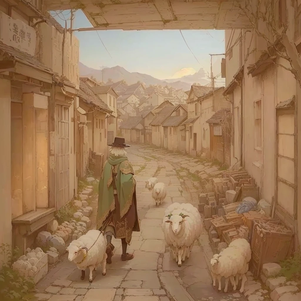 There is a man walking down the road with his sheep, The ancient street behind her, artwork in the style of Gwaiz, Gwaiz, by Kamisaka Sekka, anime Background Art, by Shimo, Inspired by Carl Spitzweg, Created by Anime Painter Studio, Anime scenery concept art, Background Art, Blazing flames drawn in an anime artist&#39;s studio, fire, crowd, throng, freezing, mother warming her baby.Scenery and Cityscape in the Early Meiji Era After the Meiji Restoration, Japan underwent rapid modernization and civilization. Consequently, many changes and reforms occurred. Below is a detailed explanation of the scenery, appearance of the poor, occupations, and cityscapes in the early Meiji period (1868 to the early 1880s). 2. Appearance of the Poor Life for the impoverished and lower classes remained harsh. In particular, in urban areas, people migrated from rural areas or unemployed artisans gathered, intensifying competition in the labor market. Many of them struggled with poverty, often residing in slums or around temples. 3. Occupations Meiji early Japan witnessed a diversification of occupations. Traditional agriculture and handicrafts were accompanied by the rise of modern industry and commerce. Particularly in urban areas, factory workers, shop clerks, and transporters increased, giving rise to new professions. However, many in these occupations endured harsh working conditions. 4. Influence of Civilization and Enlightenment During the Meiji era, Western cultural influences spread rapidly. Changes in clothing, dietary habits, and the proliferation of Western-style architecture advanced, especially in urban areas. Conversely, this development posed a threat to traditional culture and lifestyles, resulting in societal upheaval and adaptation challenges. 5. Social Change and Policy Influence While promoting modernization policies, the government also addressed poverty and social issues. Legislation for labor protection and charitable activities to aid the poor were implemented. Nevertheless, living conditions for the impoverished scarcely improved. The early Meiji period marked a rapid transformation
