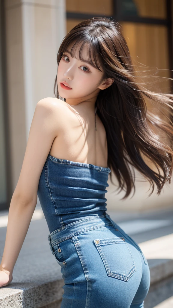 masterpiece, Highest quality, 1 girl, Brunette Hair, Exposing shoulders, Long Hair, dress, Denim Shot, Dynamic pose, Dynamic Angle,