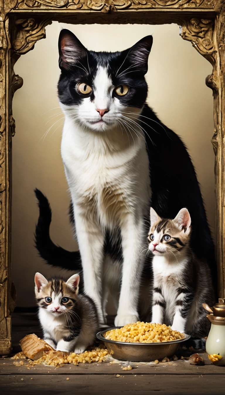 a hungry cat, with his two children almost in bones crying from hunger