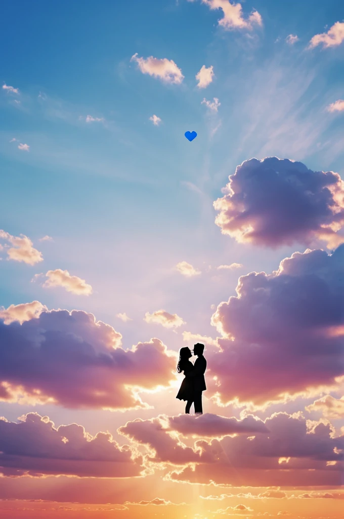 Digital book cover with heart silhouettes, kisses, sky, clouds, musical notes in pastel tones