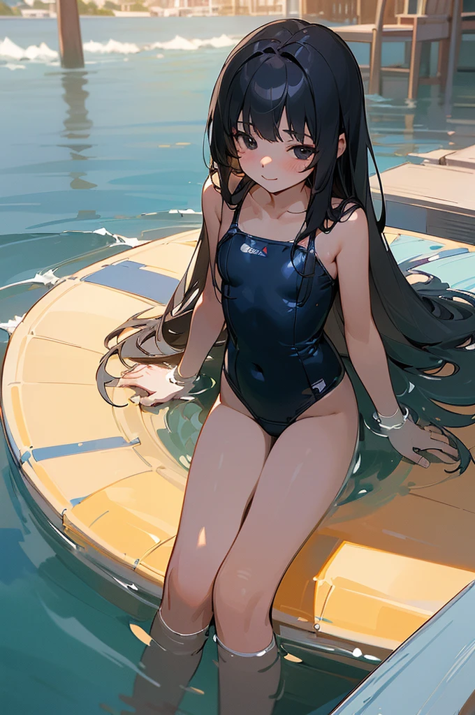 ((masterpiece, best quality, ultra-detailed, high resolution, extremely detailed CG, super detailed, Most beautiful clean lighting)), 1girl, child-like build, 14 years old, cute girl, flat chest, pretty face, smile, Beautiful black long hair, black eyes, Summer Sea, Seaside, bathing beach, navy blue School Designation swimsuit, 