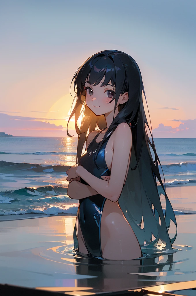 ((masterpiece, best quality, ultra-detailed, high resolution, extremely detailed CG, super detailed, Most beautiful clean lighting)), 1girl, child-like build, 14 years old, cute girl, flat chest, pretty face, smile, Beautiful black long hair, black eyes, Summer Sea, Seaside, bathing beach, navy blue School Designation swimsuit,