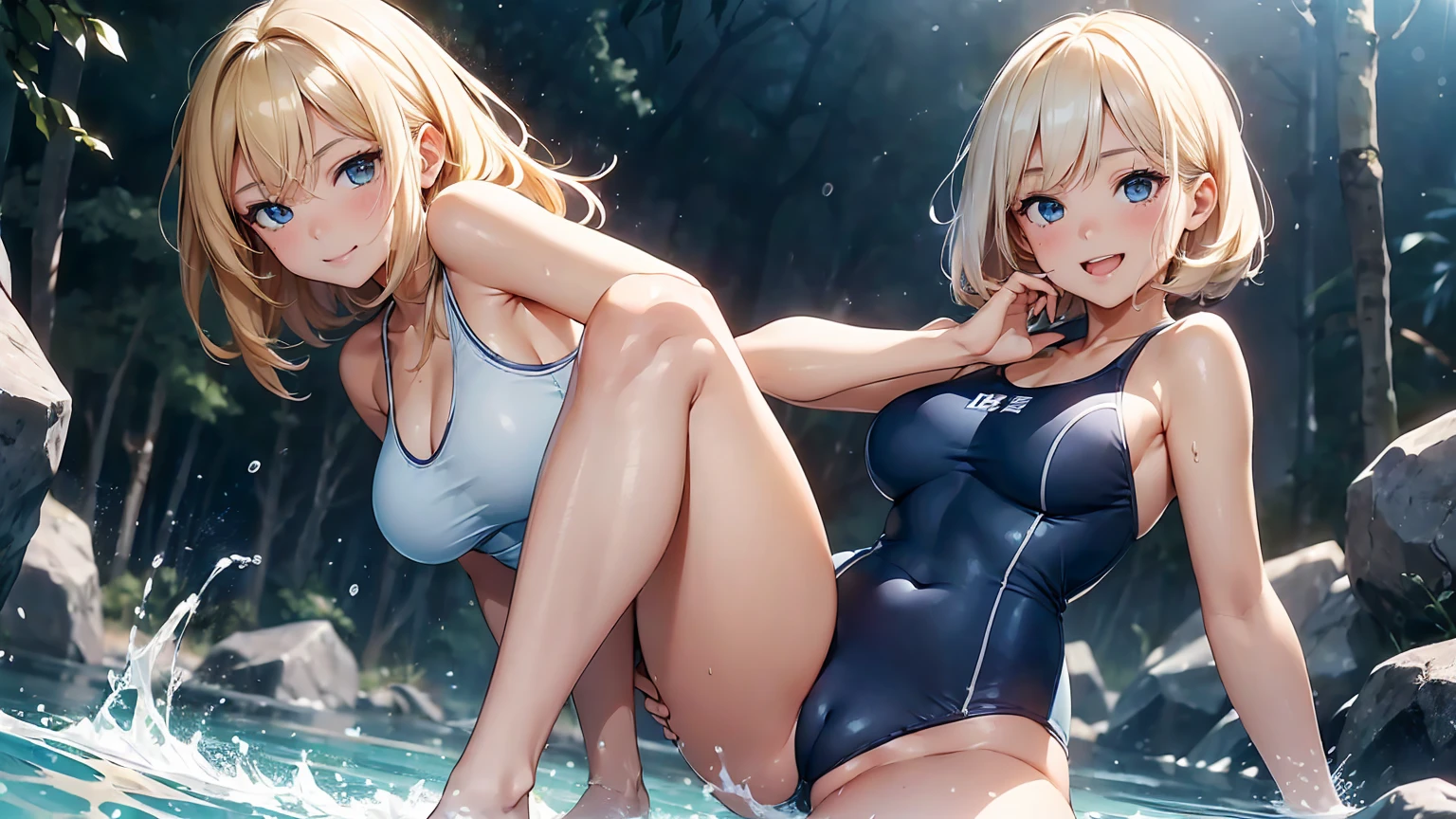 High resolution raw color photos, Professional photos,16K, RAW Photos, 最high quality, masterpiece: 1.2), High-quality RAW color photos, Professional realistic feel, Spread your legs, I lean forward in joy, Pussyが気持ち良い, ((Very detailed女性器, Pussy:1.8))、 The strong light of midsummer, 舞台は学校のプールin、 The strong light of midsummerスクール水着を強く照らす,t超光沢な長いblondeの髪と、魅惑的な紫の瞳を持つyoung womanのイメージを作る。she smiles warmly、There is a slight redness on the cheeks。Wearing a light blue school swimsuit wet with water、The tight-fitting swimsuit perfectly shows off her body lines.。The background is slightly blurred to focus on her reflective, wet navy blue school swimsuit.。She does the splits with confidence、フレンドリーin親しみやすい態度を醸し出している。in, (((young woman, Gal))), (Sharp features), (Small face), (細部まinこだわった肌: 1.2), clavicle, Cute Face, Beautiful appearance,Long eyelashes, , (Beautiful breasts:1.5), (Camel Toe details), , Very detailed顔と肌の質感, Fine grain, double eyelid, Look to the side, Place your hands behind your back, , One eye is hidden, Wavy Hair)), Slender body, ((Open your mouth and laugh:1.2)), Big Breasts, Normal hip joint, blue eyes, Cowboy Shot, , , Captivating thighs, Wet Skin))), A composition that emphasizes the girl's beauty, Gazing Eyes, Beautiful Skin, Shiny skin, Perfect Fingers, Five Fingers, Anatomically correct, Background blur, high quality, Bright colors, ((Very detailed, photo shoot))流れるような長いblondeの髪と、魅惑的な紫の瞳を持つyoung womanのイメージを作る。she smiles warmly、There is a slight redness on the cheeks。Wearing a light blue swimsuit wet with water、The tight-fitting swimsuit perfectly shows off her body lines.。舞台は学校のプールin、The strong light of midsummer明るい水色のスクール水着を強く照らす。The background is slightly blurred to focus on her school swimsuit.。She sits with her legs spread apart with confidence.、フレンドリーin親しみやすい態度を醸し出している。Highlight one piece swimsuit。ような長いblondeの髪と、魅惑的な紫の瞳を持つyoung womanのイメージを作る。she smiles warmly、There is a slight redness on the cheeks。Wearing a school swimsuit that reflects light when wet、The tight-fitting swimsuit perfectly shows off her body lines.。The background is slightly blurred to focus on her bright school swimsuit.。She does the splits with confidence、フレンドリーin親しみやすい態度を醸し出している。in, (((young woman, Gal))), (Sharp features), (Small face), (細部まinこだわった肌: 1.2), clavicle, Cute Face, Beautiful appearance,Long eyelashes, , (Beautiful breasts:1.5), (Camel Toe details), Very detailed顔と肌の質感, Fine grain, double eyelid, Look to the side, Place your hands behind your back, Camel Toe, ((blonde, Long bangs on one side, Asymmetrical bangs, One eye is hidden, Wavy Hair)), Slender body, ((Open your mouth and laugh:1.2)), Big Breasts, Normal hip joint, blue eyes, Cowboy Shot, , Large Breasts, Captivating thighs, Wet Skin))), A composition that emphasizes the girl's beauty, Gazing Eyes, Beautiful Skin, Shiny skin, Perfect Fingers, Five Fingers, Anatomically correct, Background blur, high quality, Bright colors, ((Very detailed, photo shoot))流れるような長いblondeの髪と、魅惑的な紫の瞳を持つyoung womanのイメージを作る。she smiles warmly、There is a slight redness on the cheeks。Wearing a light blue swimsuit wet with water、The tight-fitting swimsuit perfectly shows off her body lines.。舞台は学校のプールin、The strong light of midsummerスクール水着を強く照らす。The background is slightly blurred to focus on her stretchy navy blue school swimsuit.。she stands confidently、フレンドリーin親しみやすい態度を醸し出している。Y-balance is best_quality,ung girl,14_years_old,high ponytail,crawling,happy_smaile,Full-length shot,professional_lighting,swimming pool,(spread legs:0.7),arenamidori,green_onepiece_swimsu