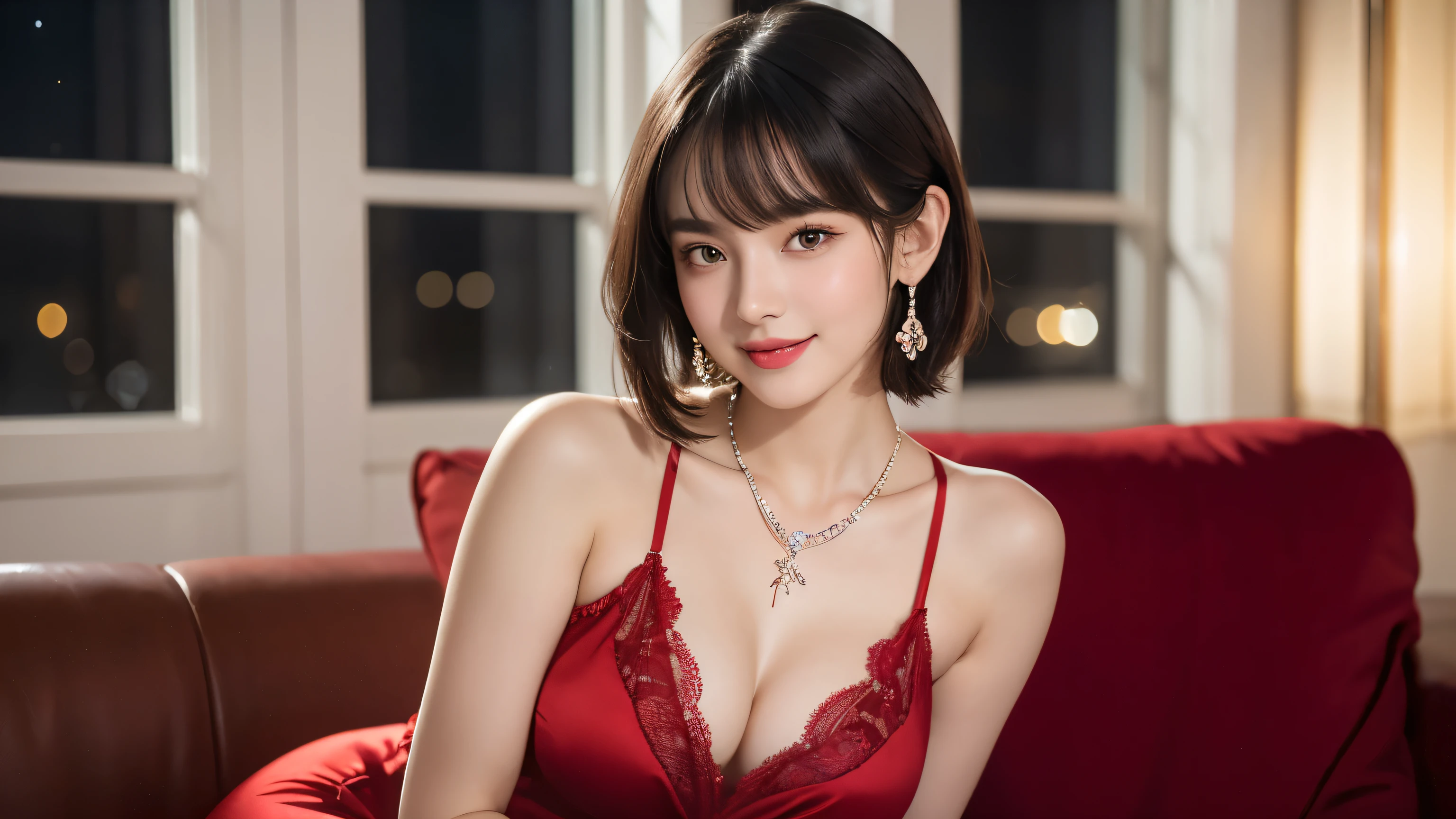 beautiful young girl, Short hair details, through bangs, bionde, beautiful eyes, pretty face, looking at the audience, (cute smile), RAW photos, 8k, high detail, ((In the living room:1.3)), (Sexy Red Satin Dress), ((Big boobs)), (show her thighs), ((Showing off her breasts)), ((tit)), pale lips, White skin, textured skin, (High detail skin), ((Detailed fingers)), Detailed fingers, Big , ((seductive pose)), Perfect body, is a perfect face, (blurred background), midnight, (beautiful girl), ear nipple ring, bracelet, necklace, (Pale complexion), face forward, dim dim lights, ((night)), overlooking the city, sexy dress, lace dress