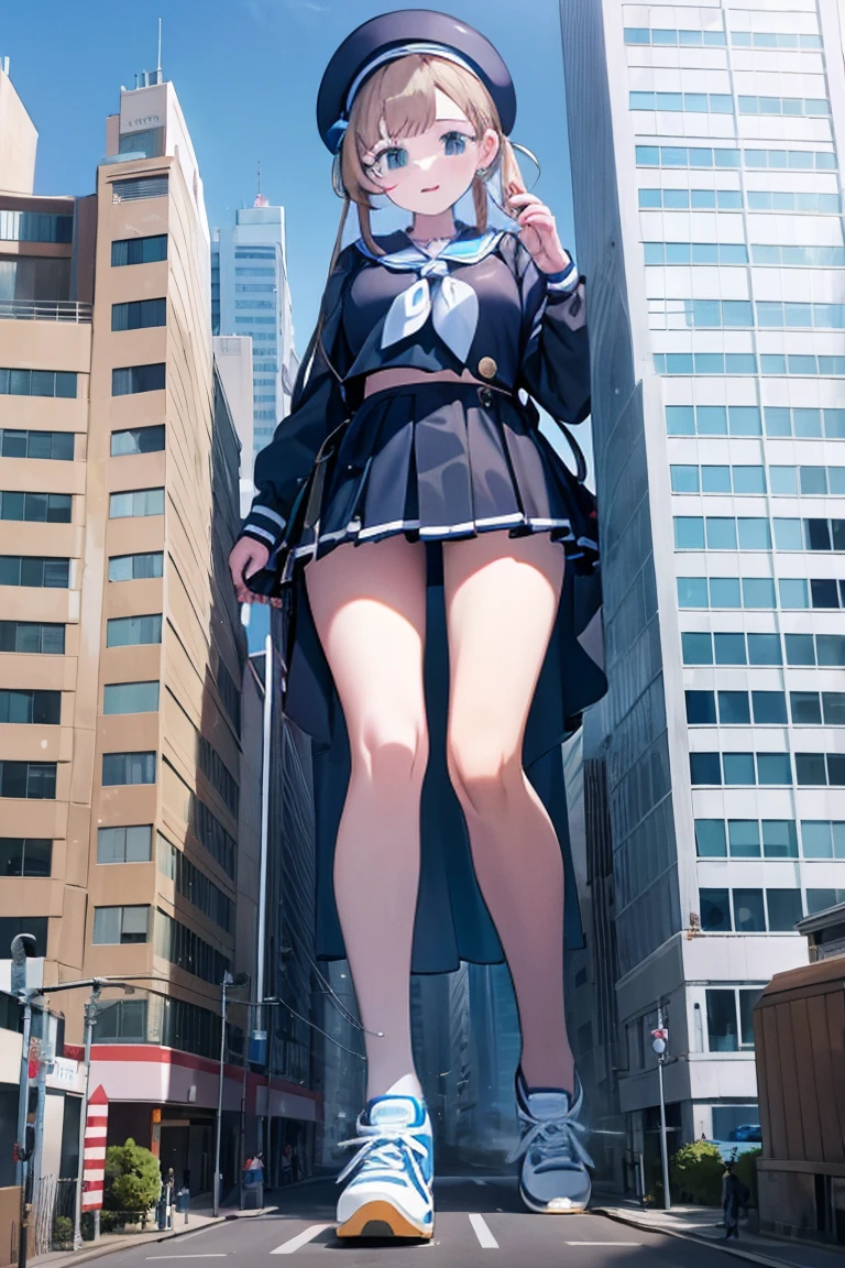 Huge maiden in sneakers,Girl taller than the building,Sailor Suit,Short skirt,Crouch Girl,Miniature train toy in hand