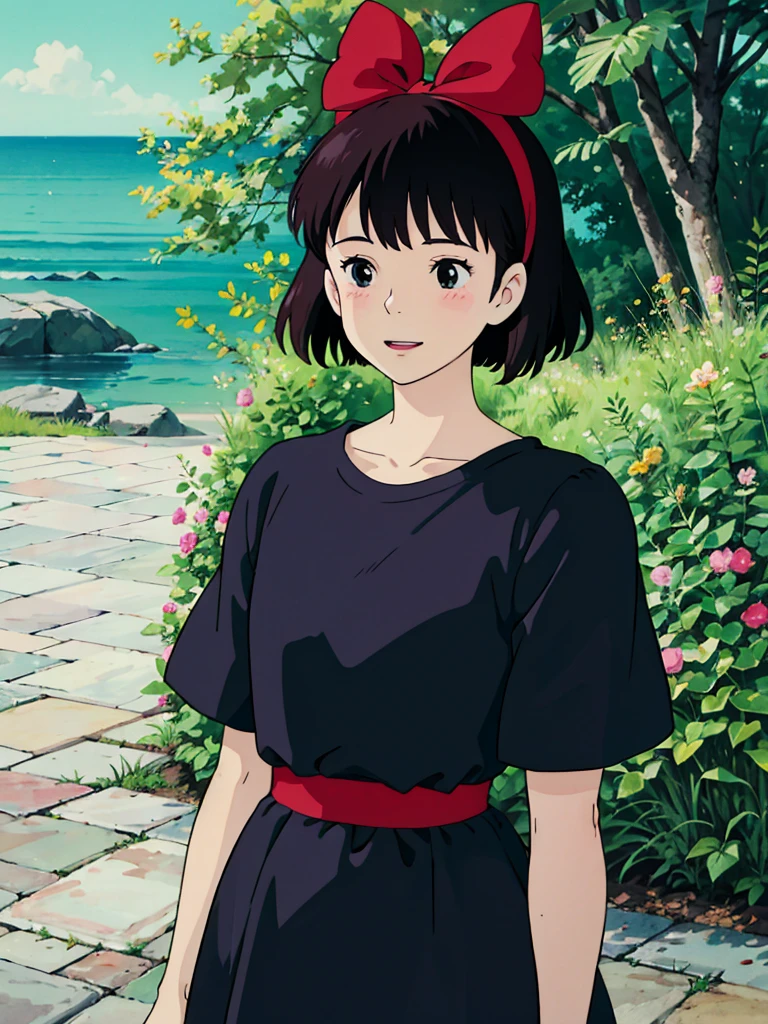 ghibli style, kiki \(majo no takkyuubin\), 1girl,, bangs, black eyes, black hair, black shirt, blush, bow, bow hairband,  hair bow, hairband,  outdoors, red bow, red hairband, shirt, short hair, solo, sunlight, upper body, happy , ((masterpiece)) 
